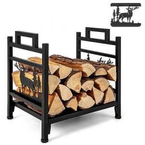COSTWAY Range Bûche Intérieur, Porte-Bûches Métal Charge 60 kg pour Rangement Bois Intérieur, Porte Bûche Cheminée pour Poêle, Foyer, Motifs d'Orignaux Arbres, 46 x 34 x 45 cm(Orignal) (FDS GmbH, neuf)