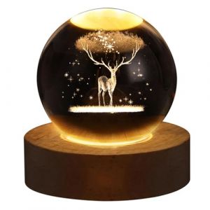 Veilleuse Boule de C-ristal pour Enfant, Lampe Boule de C-ristal Cerf de forêt avec Base Lumineuse LED en Bois, Lumière d'ambiance USB Lampe d'ambiance LED pour Décoration de Chambre Salon Maison (gasew, neuf)
