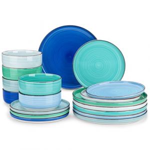 vancasso Série BONITA Assiette Service de Table, Bas Désign Plat, 6 Assiettes Plates, 6 Assiettes à Salade, et 6 Saladiers, Service de Table 6 Personnes, 18 Pièces, Couleur Froide (vancasso Ceramic Art, neuf)