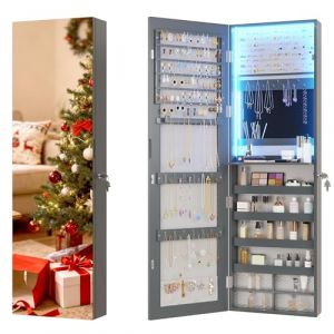 Vlsrka LED Armoire à bijoux avec Miroir, Mural/Porte Armoire à bijoux avec 3 Lumières, Miroir pleine longueur avec bijoux rangement Verrouillable, Armoire bijoux miroir éclairé avec étagères, Gris (vlsrka, neuf)