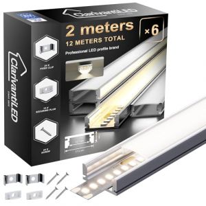 2m&times;6 Profil&eacute; Aluminium LED Rail avec Diffuseur Goulotte Profile Alu pour Ruban cache LED Profil en U Installation Facile Support bande baguette Couvercle Blanc Embouts Clips Montage encastrable placo (ClarivantiLED, neuf)