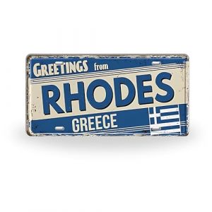 Plaque d'immatriculation des &icirc;les grecques - Impression vintage en m&eacute;tal - Villes grecques - D&eacute;coration d'int&eacute;rieur m&eacute;diterran&eacute;enne - Cadeau souvenir de voyage Rhodes (Papagaio Studio, neuf)