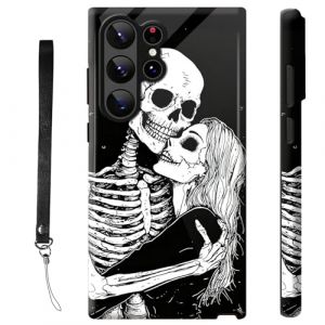 RWUTYTIUL Coque pour Samsung Galaxy S25 Ultra 5G 6,9" avec dragonne - R&eacute;sistante aux chocs - Double couche de protection en silicone antid&eacute;rapant et polycarbonate rigide brillant - Motif t&ecirc;te de mort (RWUTYTIUL, neuf)
