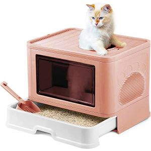 Bac &agrave; Liti&egrave;re pour Chat Grand Volume - 48.5 * 36.5 * 38cm Liti&egrave;re pour Chat Pliable en PP avec Soin+bo&icirc;te de Rangement Rose (Willanmd, neuf)