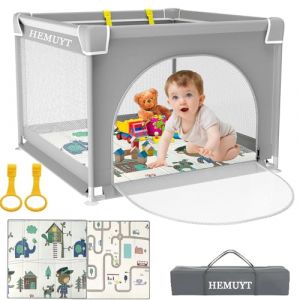 HEMUYT Parc Bebe, 90cm Parc Bebe Pliable avec Tapis avec Maille Douce Respirante, Parc de Jeux Bébé avec Base Antidérapante et Porte Zippée, Parc Enfant de 0 à 6 Ans Espace D'activités Intérieure (SUNSHINE BABY PARADISE, neuf)