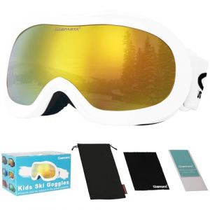 OUTDOORSPARTA Casque pour gar&ccedil;on et fille lunettes de ski compatibles, protection 100% UV (2. Bordure blanche, pleine lentille miroir dor&eacute;) (OutdoorSparta, neuf)