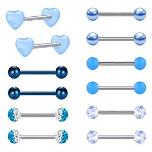 LAURITAMI 12pcs 14G Piercing Barre de Langue en Acier Chirurgical Bouclier de Mamelon Droite Barbell Anneaux Bar Cristal Piercing pour Le Corps Bijoux (JUN SI FANG, neuf)