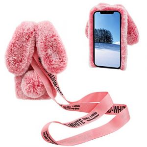 DasKAn 3D Oreilles de Lapin Fourrure Coque pour iPhone 5 / 5S / SE 2016 avec Bandoulière, Femmes Fait Main Bling Diamant Souple Chaud Peluche Housse de Protection Étui de Téléphone, Rose (DasKAn-EU, neuf)