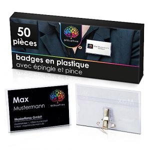 OfficeTree 50 x Badges Porte Nom Pour Vêtements Clip et Épingle Intégrés - 50 x Cartes à Imprimer Incluses - Badge Personnalisé Pour Cartes de Visite - Porte Badge Plastique Transparent (ILP GmbH, neuf)