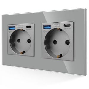JIMEIDA Prise double avec USB 20 W - Charge rapide en gris - Prise Schuko en verre 16 A avec port USB et port de type C - Contact de protection encastré - Prise murale - 157 x 86 mm - 250 V - 2 (KELA EU, neuf)