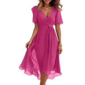 Robe de Femme Chic et Elegant Mi Longue Robe D'&eacute;t&eacute; Printemps Femme de Boheme Fleurie Vetement Femmes Boho Robes Printemps Manches Courtes Robes de Plage Bal Cocktail Soiree D'&eacute;t&eacute; (Hot Pink,Large) (QU-XINYU, neuf)