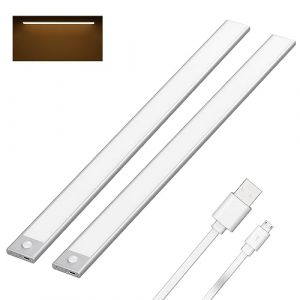 Klighten 2 Pcs Lampe de Placard 113 LED, 60cm, Sans Fil, Rechargeable USB, Aimanté, Détecteur de Mouvement, 3 Modes d’Éclairage, Portable, Lumière de Placard, Baladeuse de Secours, 2800-3200K, Argent (ROBONE, neuf)