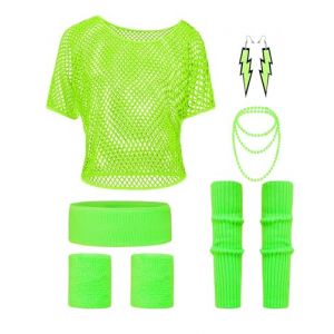 Clundoo 9PCS Costume Annee 80 Femme Fluo, Déguisement Année 80 Accessoire Femme Fluo Disco, avec T-Shirt en Maille, Un Bandeau, Manchette, des Jambières, Un Collier, des Boucles d'oreilles (Vert) (Jianangoods, neuf)