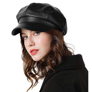 Genfien Béret Classique de Couleur Unie pour Femme - Casquette Gavroche en Cuir synthétique, Noir, Taille Unique (Genfien-FR, neuf)