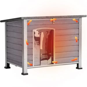 Aivituvin Niche en bois pour chien de petite, moyenne et grande taille &ndash; Niche en bois pour l'hiver avec pieds sur&eacute;lev&eacute;s et r&eacute;sistant aux intemp&eacute;ries &ndash; cadre en fer unique tout autour (gris, taille L) (AIVITUVIN PETS, neuf)