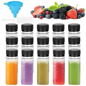 Lot de 15 petites bouteilles à remplir - 60 ml - Avec entonnoir et brosse à tétine - Réutilisables - Avec couvercle pour jus, gingembre et liqueur (SERGJAK OÜ, neuf)