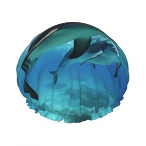 Bonnet de douche r&eacute;utilisable pour homme et femme - Grand bonnet de douche imperm&eacute;able lavable - Bonnet de bain en cheveux de dauphin marin - Bande &eacute;lastique double couche pour cheveux longs, tresses (zuobaihuo, neuf)