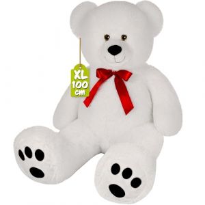 Monzana&reg; Ours en Peluche Tr&egrave;s Douce avec Noeud Rouge - Nounours XL 100 cm Blanc - Doudou Mignon - Id&eacute;e Cadeau No&euml;l, Anniversaire, Saint-Valentin, Jouet Enfant (DEUBA-FR, neuf)