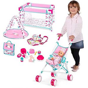 BAKAJI Playset Poupée et accessoires 15 en 1 avec berceau et landau, pliable, pour jouet, sac banane porte-poupée, sac à accessoires pour bébé et pot, revêtement en tissu (Esplodia, neuf)