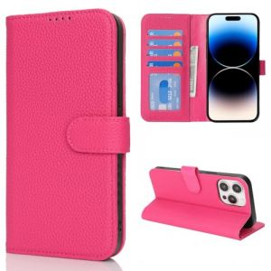 Cavor Coque Compatible avec iPhone 14 Pro Etui,Cuir v&eacute;ritable Flip Portefeuille &Eacute;tui en Cuir,[4 Porte Cartes][Magn&eacute;tique][RFID Blocker],Protection Housse - Rouge ros&eacute; (Copmob, neuf)