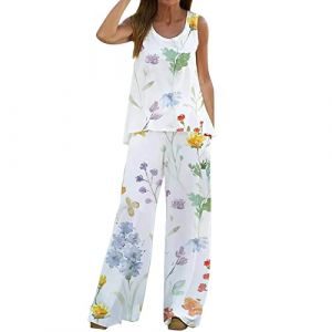 Ensemble Femme Pantalon et Haut Ensemble Femme Chic et Elegant 2 Pièces avec Gilet Débardeur Top sans Manches et Pantalon Large Ensemble Femme Ete Amle Légères de Loisirs Veste Tailleur Femme (Sunliney, neuf)