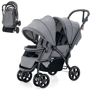 COSTWAY Poussette Tandem Double Pliable avec Auvent & Dossier Réglable, Poussette Landau Bébé avec Ceinture de Sécurité, Roues Verrouillables avec Freins, Pliable à une Main, Charge 30kg (Gris) (FDS GmbH, neuf)