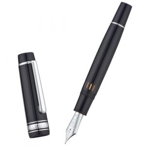 Wikult Yongsheng Junlai 930 Stylo Plume Acrylique, #9 pointe large avec système de remplissage à piston, réservoir d’encre de clôture noir piano avec design plat (Garniture Argentée) (JianHang Office, neuf)