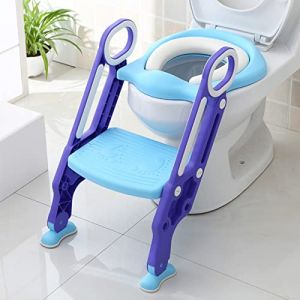 Siège de Toilette pour Enfant de 1 à 7 ans, Siège Toilette avec Marches, Coussin Doux et échelle Antidérapante, Réducteur de Toilette Bébé Pliable et Réglable en Hauteur (bleu + violet) (Hechheu, neuf)