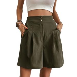 Belriviere Short Bermuda d'&eacute;t&eacute; pour femme - Pantalon ample - Jambe large - D&eacute;contract&eacute; - Taille haute - Mode tendance - Avec poches, vert militaire, XL (PULINGDEDIAN, neuf)