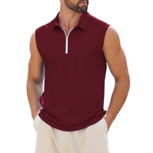 crazy bean Débardeur Homme Casual Polo sans Manches Col en V Zippe Mode Haut Tank Top en Coton Été Homme Chemise de sans Manches pour Fitness Golf Casual（Bordeaux,XXXL） (Acozyu, neuf)