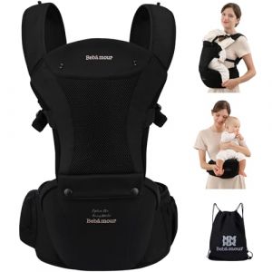 Bebear Porte b&eacute;b&eacute;,Bebamour Porte b&eacute;b&eacute; Ergonomique avec Si&egrave;ge &agrave; Hanche/Pur Coton L&eacute;ger et Respirant/Multiposition, Baby Carrier for 0-36Months(New Black Pro) (BEBAMOUR, neuf)