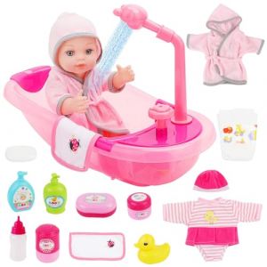 deAO Ensemble de Bain Poupon Jouet avec Accessoires poupée bébé, Poupée 12 Pouces, 2 Tenues, 11 Accessoires, Baignoire Jouet Poupon pour Enfants pour Jeu de rôle pour Enfant (MEGOSS, neuf)