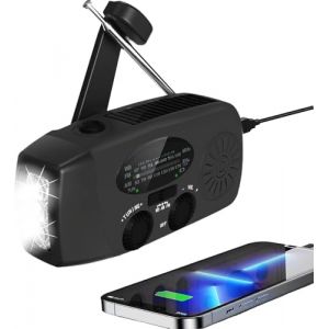 Radio d'urgence portable et rechargeable solaire, à manivelle et recharge USB pour téléphone portable, NOAA, maison et camping, radio météo AM/FM, lampe torche dynamo, alarme SOS (Jingy Direct-EU, neuf)