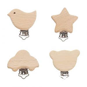 Attache Tetine Bois, 4 Pièces Pince Attache Tetine, Kit Attache Tetine, Clip Attache Tetine, Sucette Clips Fixation pour Garçons Filles Bébé (charey, neuf)