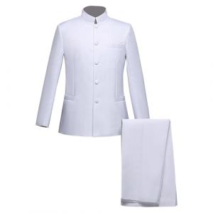 Costume Tunique Chinoise 2 Pièces pour Hommes Ensemble Blazer à Col Mandarin Ensemble Pantalon Veste Boutonnée Robe de Marié Traditionnelle Uniforme (Blanc 6,XL) (Huabaohua[7-12 Deliverly], neuf)