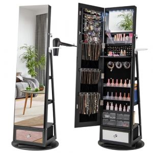 COSTWAY Armoire &agrave; Bijoux avec Miroir sur Pieds, Pivotant 360&deg;, Miroir Psych&eacute; sans Cadre, Lumi&egrave;res LED, Verrouillable, Support pour S&egrave;che-Cheveux, 3 &Eacute;tag&egrave;res &agrave; l&rsquo;Arri&egrave;re, Grand Tiroir (Noir) (FDS GmbH, neuf)