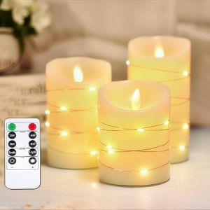 Lot de 3 Bougies LED Flamme Vacillante, Bougies Sans Flamme avec Télécommande et Minuteur, Alimenté par Piles, Lumières de Bougies, Bougies Électriques, Bougies à LED Blanc-10/12.5/15cm Hauteur (Songlypian, neuf)