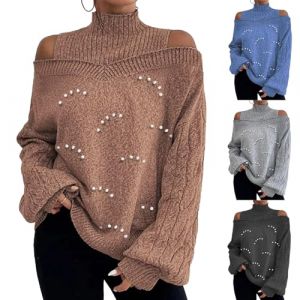 NaLatia Pull Femme Chic et Elegant &Eacute;paules d&eacute;nud&eacute;es Sweat Femme Col roul&eacute; Pulls Tricot&eacute; Pull Chaud Hiver Manches Longues Tunique Couleur Uni Haut Grande Taille Sweatshirts Ample Top (GUnakd, neuf)