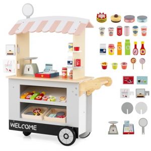 HOMASIS Chariot &agrave; Collations en Bois pour Enfants, Stand de Supermarch&eacute; avec Caisse Enregistreuse, Chariot Educatif avec Auvent, Jeu d'Imitation avec 30 Accessoires pour Enfant 3 Ans+ (Gris) (Homasis, neuf)