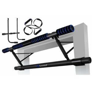 KESSER® Barre de traction premium 4 en 1, avec station pour dips et cordes ondulatoires, barre de traction pliable pour porte, accrochage sûr au chambranle, barre pour pull-up de Crossfit, bleu (WMK Trading GmbH, neuf)