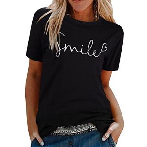 heekpek Femme Chemisier Chic T-Shirts Blouse Col Rond Tops Manches Courtes en Coton Ete T Shirt Imprimé Tunique T-Shirt, Z1Noir, Taille L (HKPK, neuf)