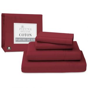 Pizuna 100% Coton Parure de Lit 180x200 cm Rouge Rio, Tissu de Satin de Coton à 600 Fils au Pouce carré Comprend 1 Drap Housse, 1 Drap Plat, 2 Taie d'oreiller (Coton Draps 2 Personnes) (Pizuna Linens, neuf)