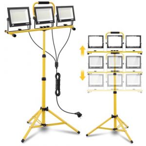 Viugreum Projecteur Led Chantier 300W avec Tr&eacute;pied et Prise Luminaire Exterieur &agrave; Trois T&ecirc;tes Avec 3m C&acirc;ble IP65 &Eacute;tanch&eacute;it&eacute; Blanc Froid 6500K Portable Lampe Chantier pour Atelier Garage Construction (Viugreum-EU, neuf)