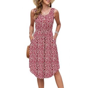 AUSELILY Robe ete Femme sans Manches avec Cordon de Serrage Robe de Plage col Rond Longueur Genou Robe Mi-Longue Robe Élégante et Décontractée avec Poches Rouge Sabot Cheval S (AUSELILY FASHION, neuf)