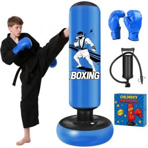 Sac de Frappe Enfant, Qoosea 168cm Punching Ball Enfants avec Gants de Boxe, Gonflable Sac de Boxe, Cadeau Parfait pour Gar&ccedil;ons et Filles 3 &agrave; 14 Ans pour Karat&eacute;, Taekwondo (lysmuk, neuf)