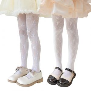 LOLANTA 2 paires de collants r&eacute;sille &agrave; motifs pour filles, collants en dentelle ajour&eacute;e pour f&ecirc;te de carnaval, N&oelig;ud/cerise blancs, 8-12 ans, L (LOLANTA, neuf)