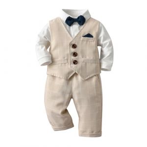Volunboy Ensemble Costume B&eacute;b&eacute; Gar&ccedil;on Gentilhomme, Costumes Mariage Gilet Chemise Pantalon avec Noeud Papillon(9-12 mois,Kaki Carreaux,Taille 70) (Volunboy, neuf)