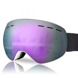 NewBEP Lunettes de ski et de planche à neige – Protection UV et anti-buée – Lunettes de ski OTG pour hommes, femmes et jeunes (monture blanche, verres violets) (BlackJ, neuf)