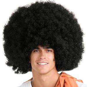 Perruque Afro Noire G&eacute;ante XXL pour Homme & Femme - Perruque Boucl&eacute;e Ultra Volumineuse Style Ann&eacute;es 70 & 80 - Accessoire de D&eacute;guisement pour Carnaval, Disco, Funk & Soir&eacute;es &agrave; Th&egrave;me - Taille Unique (NANJIAWAN, neuf)