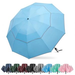 G4Free Parapluie invers&eacute; coupe-vent de 157,5 cm avec bande r&eacute;fl&eacute;chissante, grand parapluie de golf invers&eacute; compact pour pluie, 10 baleines, parapluie de voyage, ouverture automatique (bleu ciel) (G4Free-Direct, neuf)